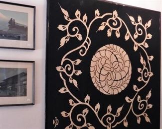 Unsigned woodblock prints; 2 panel decorative wall hanging