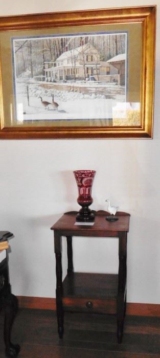 Side table;  signed print