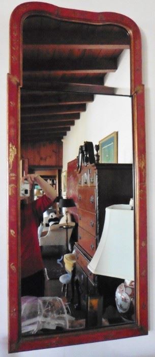 Red Chinoiserie mirror with gilt Chinese figures