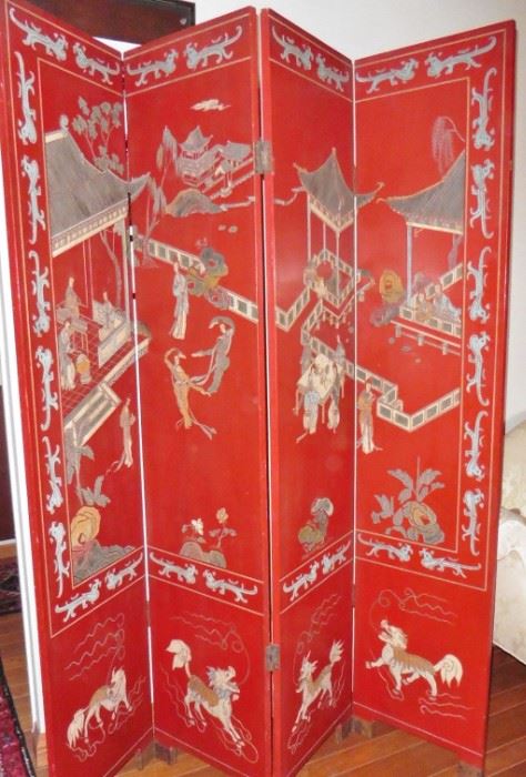 Red lacquer coromandel 4-panel screen