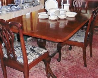 Double pedestal mahogany dining table. Veneer chips on one edge. Water stains. Needs tlc  and price to sell. 2 leaves