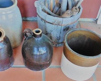 Old wood bucket and stoneware