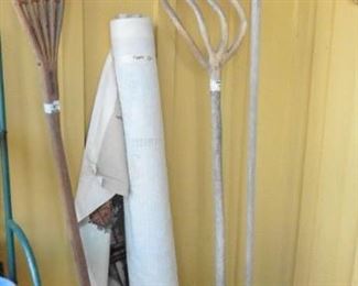 Primitive garden tools...one Amish. Box with vintage croquet set
