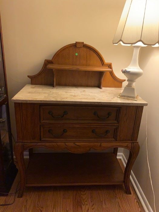 #2		Oak 2 drawer Sideboard w/marble table top shelf and bottom shelf   40x20x52	 $375.00 

