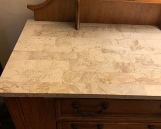 #2		Oak 2 drawer Sideboard w/marble table top shelf and bottom shelf   40x20x52	 $375.00 
