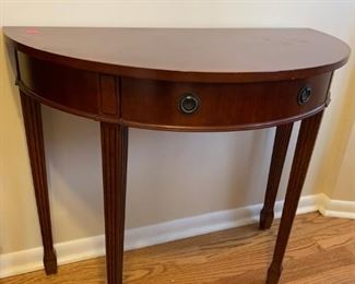 #22		1/2 round end table w drawer 36x18x30	 $75.00 

