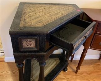 #24		Corner Black Distressed console Table w/1 drawer  34x23x35	 $75.00 
