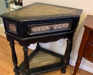 #24		Corner Black Distressed console Table w/1 drawer  34x23x35	 $75.00 

