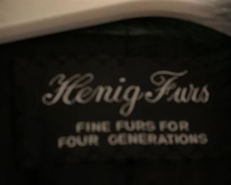 #41		Henig Furs - Size Large Leather Coat w/Fur Collar - Dark Green	 $150.00 
