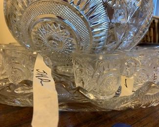 #84		Crystal punch bowl w/ 12 cups, ladle, platter (chipped)	 $100.00 
