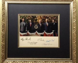 This photo, signed by the five former Presidents, was taken at the dedication of the Reagan Presidential Library on November 4, 1991; the first time that five Presidents were together at the same event.
Measurements:
Frame: 17.75 x 15.75 inches
Photo: 8 x 10