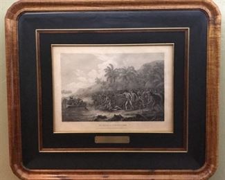 Published in 1785 by Strahan & Cadell in London. Engraved by Bartolozzi and Byrne as a sentiment addendum to Cooks Last (third) Voyage, “The Death of Captain Cook” is the rarest of all Cook’s folio plates. Francesco Bartolozzi (1725-1815) was the master engraver that supervised the creation of the plates published in Cook’s Voyages. His work, as featured on this plate, is thought by many to be the best work in the entire edition.
Frame: 28 1/2” x 25”
Document: 10” x 15”
