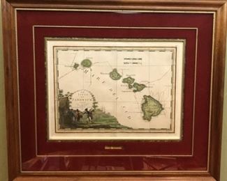 Published in 1798 by Giovanni Maria Cassini in Rome. One of the most coveted and certainly the most decorative maps of Hawaii produced in the 18th century, this rare cartographic gem by Giovanni Maria Cassini is the only map to show the death of Cook in its cartouche. Based on the original charting by Cook and Bligh, Cassini records the tracks of the ‘Resolution’ around the islands.
Frame: 28” x 32”
Document: 14 3/4” x 20”