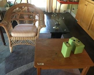 Wicker chair, oak side table, Dallas furniture black side table