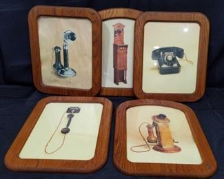 5 framed prints of vintage Telephones