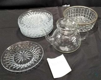 Eight Medium Cut Glass Plates, One Cut Glass Serving Bowl, One Princess House Tea Pot with Lid