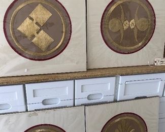 4 golden thread embroidered panels appx 24 x24 Japanese ( perfect shape - covered in plastic)