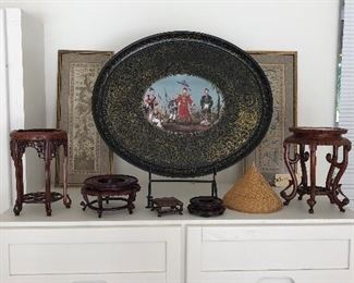 Chinese rosewood stands (SOLD)  -Chinese embroidery panels Phoenix and dragon 