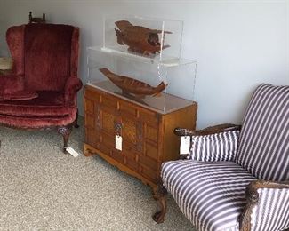 Models of Thai Ships in Plexiglass boxes, Chinese chest