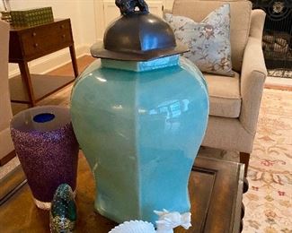 Chinese porcelain urn with bronze lid. 