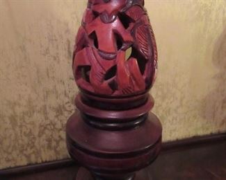 Carved wooden lamp, one of two