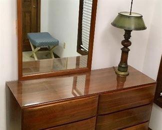 ANOTHER SOLID WALNUT MID CENTURY MODERN SUPER CLEAN BEDROOM SET THAT INCLUDES DRESSER, MIRROR & BED. AVAILABLE PRESALE.
