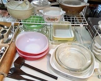 RED PYREX, BROWN PYREX AND MORE KITCHEN COOKWARE.