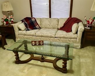 VINTAGE STRATFORD SOFA/COUCH, END TABLES, HEAVY GLASS & WOOD, 60'S, 70'S  COFFEE TABLE.