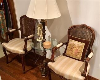 QUALITY VINTAGE WOOD AND NEUTRAL FABRIC OCCASIONAL CHAIRS.