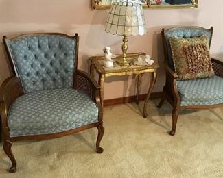 VINTAGE OCCASIONAL CHAIRS & ITALIAN WOOD TABLE.