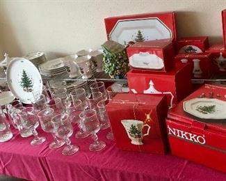 LARGE GROUPING OF NIKKO CHRISTMAS DISHES/CHINA, SEVERAL STILL NEW IN BOXES.