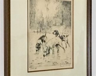 SIGNED 1932 ORIGINAL "COOLING OFF" HUNTING DOG ART ETCHING.