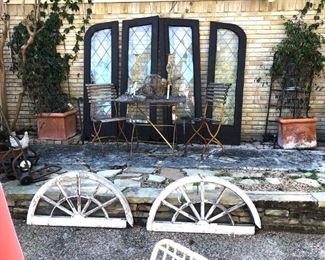 Aluminum framed patio furniture from Brown-Jordan, Vintage Amsterdam bistro set to a Teak Bench for the outdoor furniture..
Patio planters, pots and decor including some terra-cotta..
Various architectural salvage pieces, leaded glass windows to yard art and decor..
