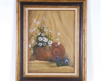 Daisies In Flour Pot & Blue Chicken Still Life