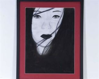 Framed Black Haired Pale Woman Painting