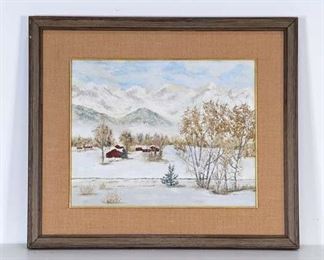 Large Framed Snowy Farm Painting