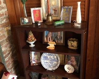 book case,bell, pictures, flower vases 