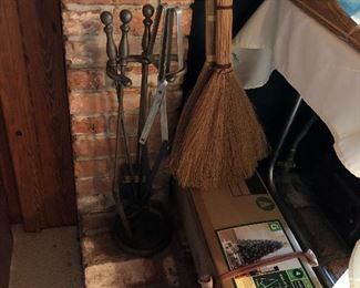 fireplace set, brooms, christmas tree in box