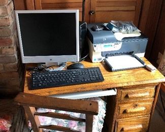computer,printer, chair, antique childs desk