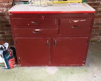 vintage enamel top cabinet, lots of canning jars