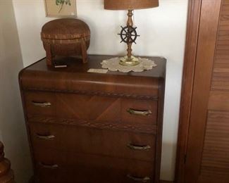 1930's chest of drawers, nautical lamp, rice basket