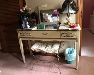 French Provencial dressing table, wigs, hair curlers, lamp