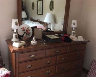 rock maple double dresser, antique lamp pair, fan, antique jewelery box