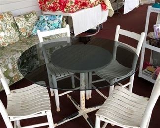 glass table, four chairs