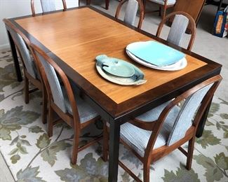 Dining table with eight chairs, two additional leaves, and pads. Originally purchased at Klingman's.