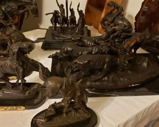 End of the day by Fraser, Remingtons: Wicked Pony, Cheyenne, Bronco Busted, Rattlesnake, Four horseman lamp, 19 inch four Longhorns with Cowboy on Marble