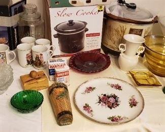 Red and green  glass, amber bowl, weller wall pocket has chip, Misc