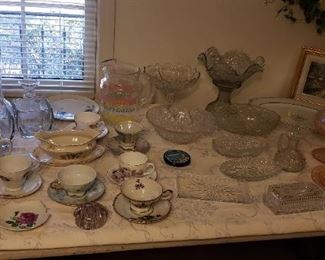 Cut glass, cup/saucer collection, magnolia teapot, Disney coasters, butter dish, fenton compote, misc