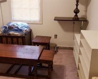 Coffee table two slip under side tables, glider rocker, heavy scale, shelving, hospital table, 