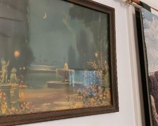 Framed Old print and eagle tapestry